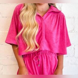 Cropped Berry Terry Cloth Button Down Pullover Size small